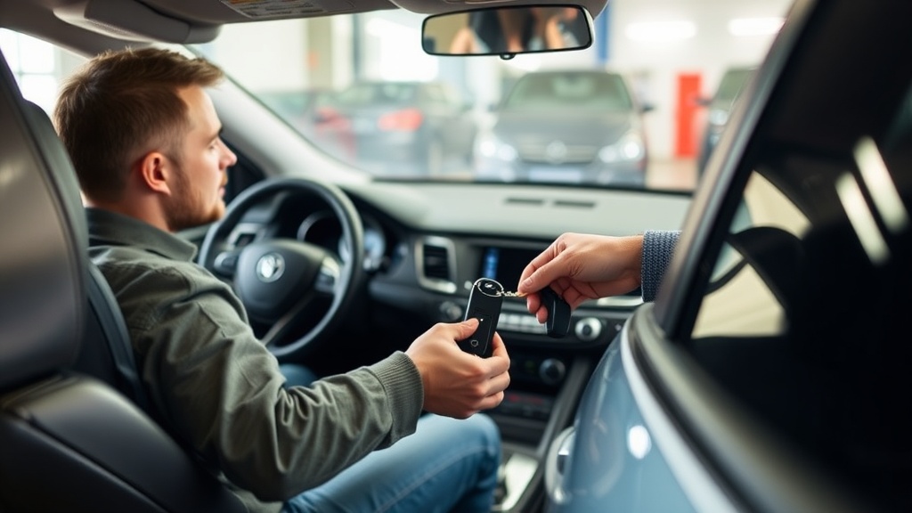 사고 후 정비소에 맡겨진 차량 대신 렌터카를 인도받는 운전자의 모습
