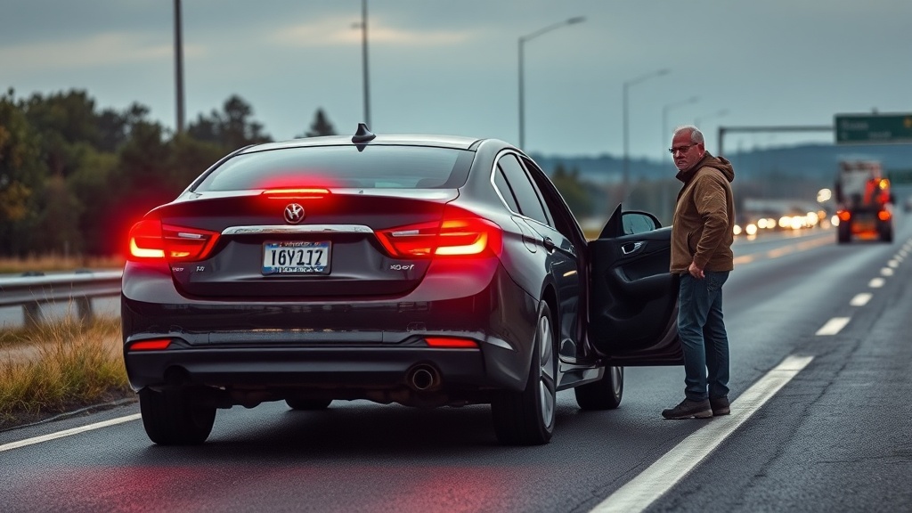 고속도로 갓길에 비상등을 켜고 정차 중인 차량과 도움을 기다리는 운전자의 모습