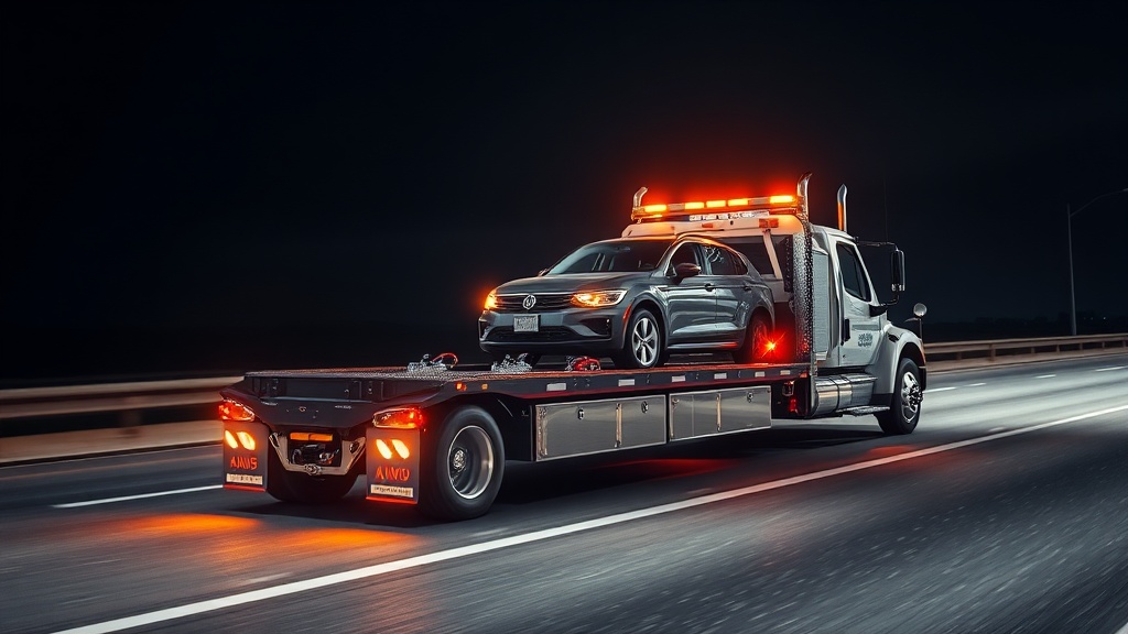 보험사 긴급 출동 견인차가 안전하게 차량을 견인하여 이동하는 모습